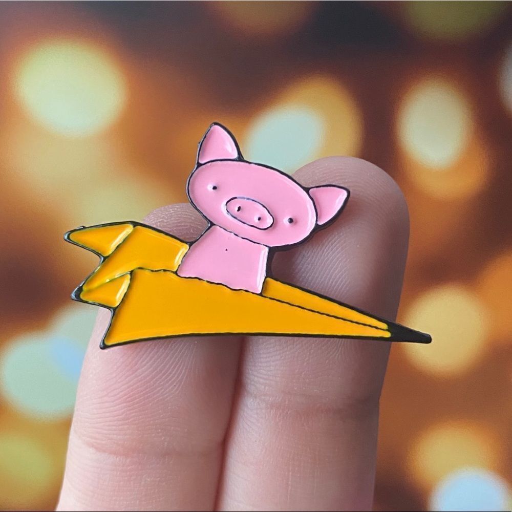 Paper Plane Piggy Enamel Orange Pin/ Brooch
